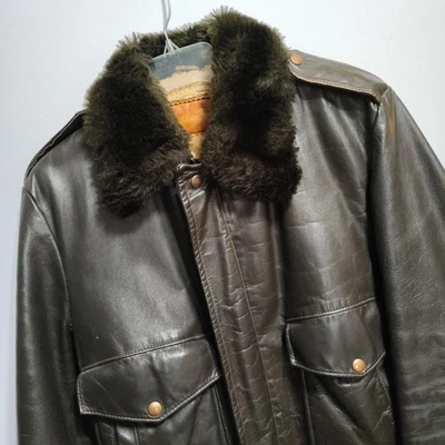 Chaqueta de bombardero de cuero marrón William Barry vintage años 70 cuello de piel aviador G1 Foto 1 de 4