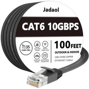 JADAOL Cat6 Ethernet Cable Black 100 FT Outdoor Indoor With Clips - Picture 1 of 9
