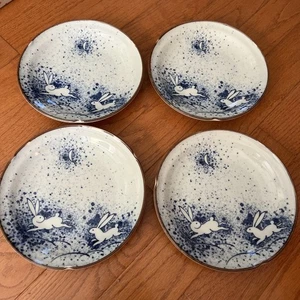 4 Beautiful Japanese Porcelain Bowl/Plate Rabbits Moon Signed Symbols Size 8.5” - Picture 1 of 6