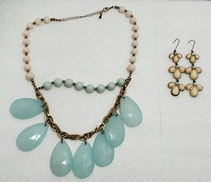Statement Halskette & Ohrringe Set - Aqua Blau Träne Perlen, Creme Floral... - Bild 1 von 13