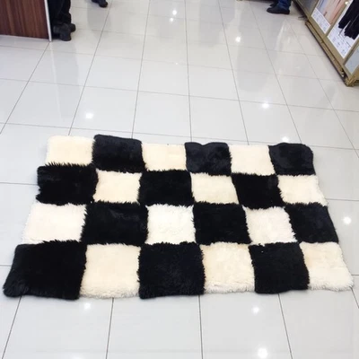 4x6 Genuine Sheep Fur Area Rug – Premium Black & White Patchwork Wool Carpet - Image 1 of 4