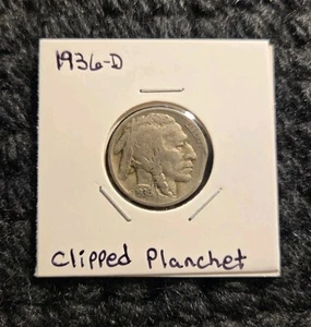1936D Clipped Planchet VG Buffalo 5c Nickel  - Picture 1 of 4