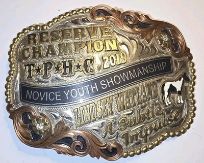 RESERVE CHAMPION 2019 Novice Youth Horsemanship Belt Buckle Tres Rios Silver - Image 1 of 4