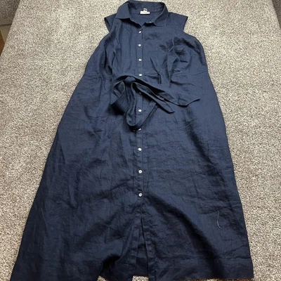 J Jill любовь льняное платье женщин XL темно-синий без рукавов кнопка спереди подпоясанный - Изображение 1 из 4