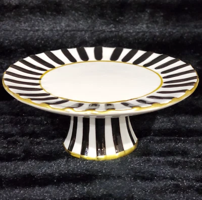 Black Stripes on Off White MacKenzie Style Ceramic Cake Stand 8" Gold Trim Glam - Image 1 of 4