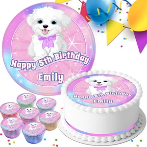 CUTE DOG BIRTHDAY PERSONALISED  EDIBLE CAKE TOPPER & CUPCAKE TOPPERS D921 - Picture 1 of 7