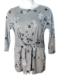 Liz Claiborne Damen große grau Blumen 3/4 Ärmel Tunika Top Gürtel - Bild 1 von 12
