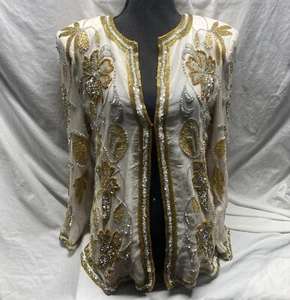 Vintage Silk Beaded Jacket L Ivory Gold Silver Floral Evening Baroque - Picture 1 of 14