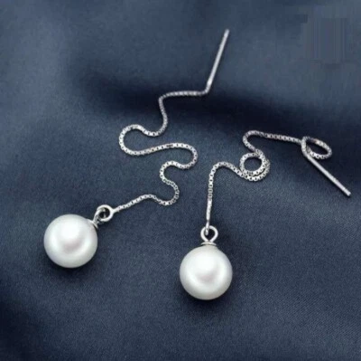 Adorable Silver Pearl Long Chain Link Dangle Thread Earrings - Image 1 of 2