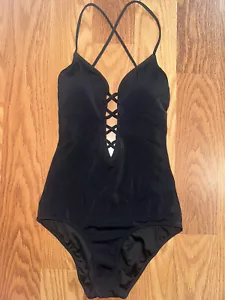 Victoria Secret Black One Piece V Neck Open Back Strappy Tie Bathing Suit Sz XS - Picture 1 of 6