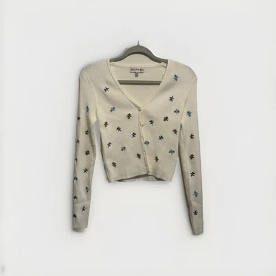 Willow & Wind Women's Button Front Ivory Ribbed V Neck Cardigan Floral Size M - Image 1 of 4