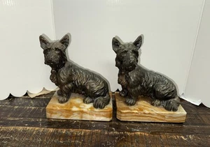 2 Vintage Cast Bronze Scottish Terrier Bookends On Marble Base - Picture 1 of 7