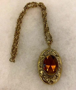 Whiting & Davis Goldtone Pendant with Simulated Citrine on 24 Inch Cable Chain - Picture 1 of 8