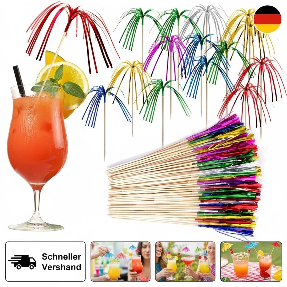 Cocktail Deko, 100 Stück Cocktailspieße Glitzer Palmen Feuerwerk Cocktail Schir - Bild 1 von 1