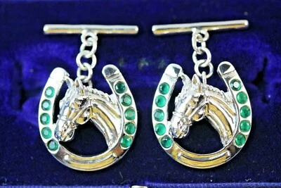 Abotoaduras de prata esterlina cavalo equestre sorte cavalo verde esmeralda real  - Imagem 1 de 4