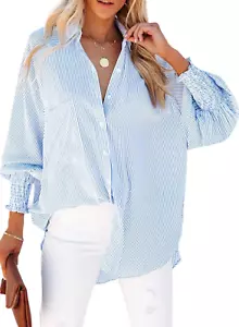 Womens Smocked Cuffed Striped Boyfriend Shirt Casual Collar Long Sleeve Oversize - Picture 1 of 11