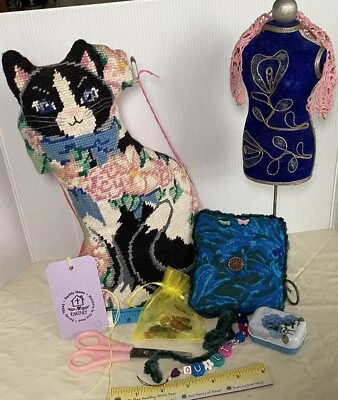 Needlepoint Cat Dress form Sewing Pin cushion Notions Buttons Measuring Tape 83 - Image 1 of 4