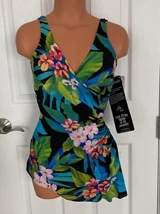 miraclesuit 12 Multi “Islander” V Neck 1 Pce Swim w/ Front Skirt Xtra Life Lycra - Picture 1 of 12