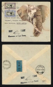 1931 Sudan First Flight Cover South Africa, Elephant w Route Cachet 8.5p Airmail - Picture 1 of 3