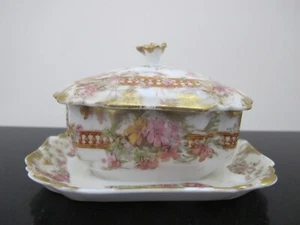 HAVILAND Limoges Rosa y Amarillo FLOR Borde Dorado Mostaza Condimento Olla Azúcar Cuenco - Imagen 1 de 8