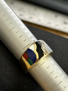 Asch Grossbradt Ring Band 14K Yellow Gold Inlaid Multi Color Gemstone & Diamond - Picture 1 of 9