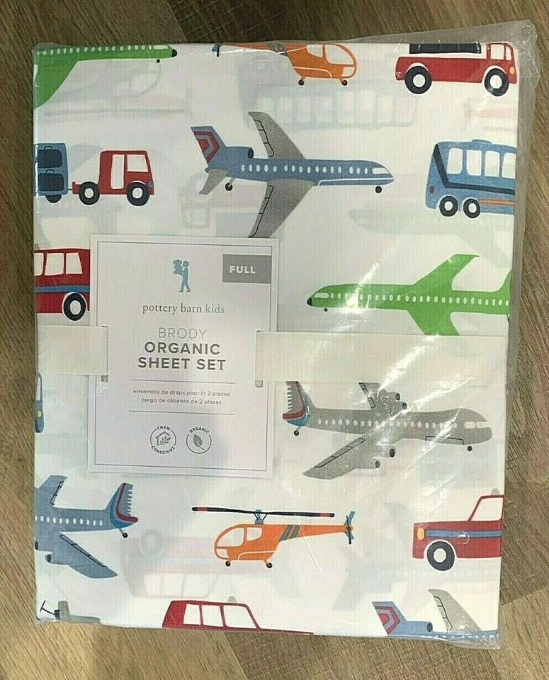 Pottery Barn Kids Organic Brody QUEEN sheet set truck airplane transportation - Image 1 of 1