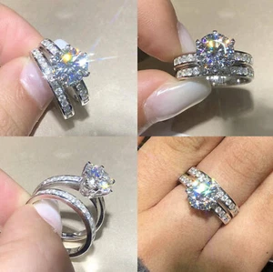 3Ct White Round Cut CZ Engagement Wedding Ring Set Solid 925 Sterling Silver - Bild 1 von 1