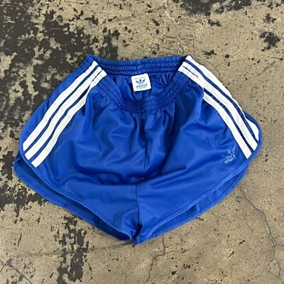 Vtg Adidas Blue Shiny Nylon Shorts Sprinter Running 80's S USA 26-30” EUC Slit - Image 1 of 4
