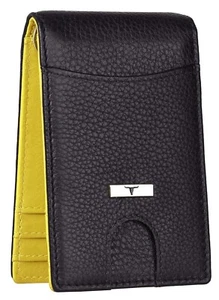 New Black/Yellow Money Clip Bi-Fold Leather Men's Wallet RFID Protection - Picture 1 of 8