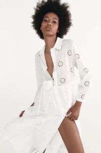 ✩ Lovely *ZARA* Boho Embroidered White Cotton Tiered Kaftan Shirt Midi Dress S✩ - Picture 1 of 10