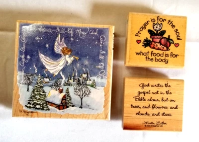 Lote de 3 estampillas de goma de oración de ángel de la guarda Lutero en bloque de madera de montaje artesanías Foto 1 de 4