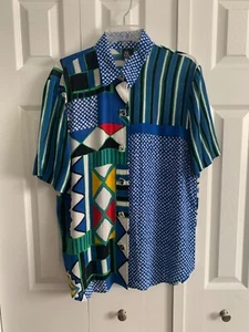 Ali Miles Sz 14 Short Sleeve Top Geometric Blue Print Casual Artsy Buttons - Picture 1 of 12