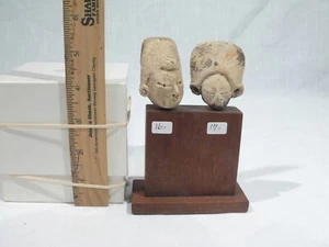 TWO ORIGINAL ANCIENT PRE-COLUMBIAN POTTERY HEADS W/ CUSTOM WOOD DISPLAY STAND #B - Picture 1 of 2
