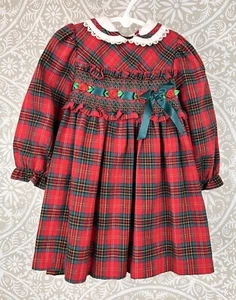 Vintage rot und grün Schottenkaro Baby Mädchen Weihnachten Kleid & Stirnband Größe 2T - Bild 1 von 9