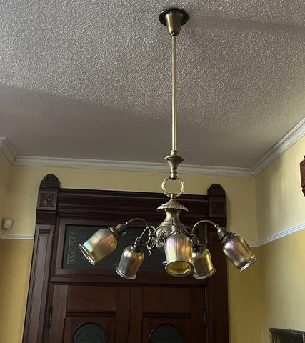 1910s ? Solid Brass Lion Head Chandelier with Gold Aurene Shades Arts Crafts Cover
