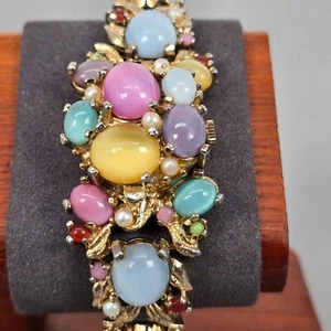 VTG Pedre 17 Jewels Swiss Watch Hidden In Gold-Tone Jeweled Cabochon Bracelet - Picture 1 of 17