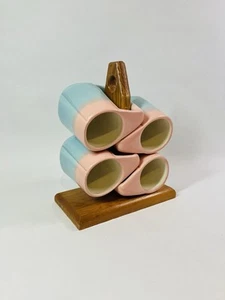 Vintage Padilla Stoneware Drip Glaze Stackable Coffee Mug Signed Set of 4 Stand - Picture 1 of 6