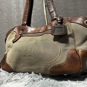 Bolso de Hombro PRADA Jacquard Beige Marrón Cuero Lona Logo Usado 527G - Imagen 1 de 9