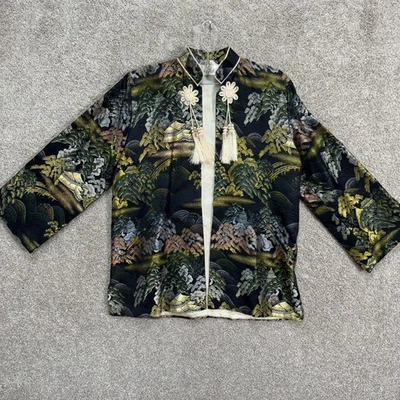 Chaqueta Estilo Kimono Japonés Vintage Negro Paisaje Brocado Floral Borla M Foto 1 de 4