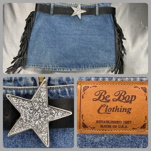 Be Bop Y2K Mini Denim Skirt Medium Fringe Glitter Star Belt Cowgirl Western USA - Picture 1 of 14