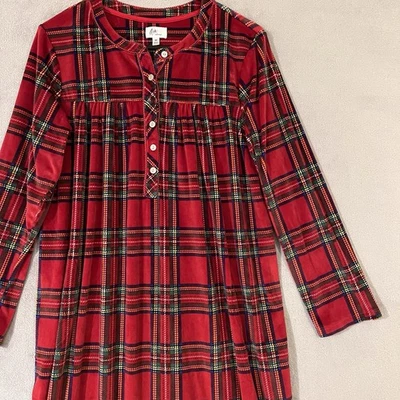 Aria Collection Plaid Velour Nightgown Midi Red Green Womens Size M Pockets - Image 1 of 4