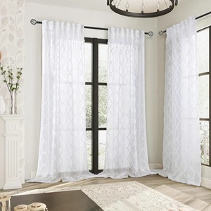 Sheer Curtains Bedroom/Living Room Trellis Pattern 52 x 95, 2 Panels White - Picture 1 of 7