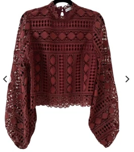 MINISTRY OF STYLE blouse top wine/brown crochet lace detail top | Size 6 - Picture 1 of 11