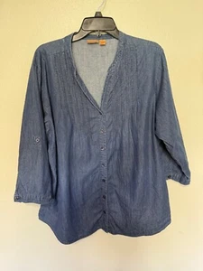 Northcrest Top Chambray Denim Top V Neck Roll Tab Womans Size 2X - Picture 1 of 4