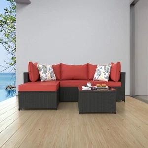 Red Patio Furniture Set Outdoor Sectional Sofa with Ottoman Rattan Wicker Couch - Picture 1 of 8