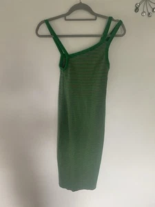 ZARA Asymmetric Bodycon MIDI Cotton Dress Green Pink striped Size medium - Picture 1 of 7