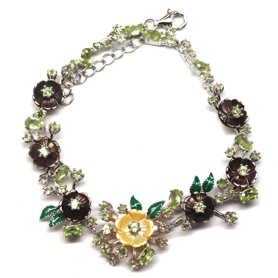 925 Sterling Silver Yellow - Black Mother Of Pearl & Peridot Bracelet 8.25 - Image 1 of 4