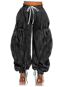 Baggy Cargo Jeans for Women High Waist Wide Leg Denim Pants XX-Large Black - Picture 1 of 5