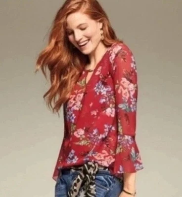 Top CAbi S Rojo Floral Gasa Manga Acampanada Romántico Femenino Cottagecore Carrera Foto 1 de 4