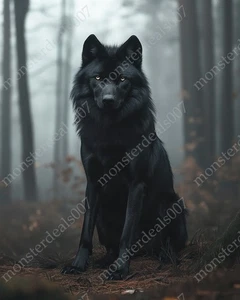 Black Wolf in Misty Forest - 8x10 Picture Wall Art Print Gothic Witchy Poster - Bild 1 von 1